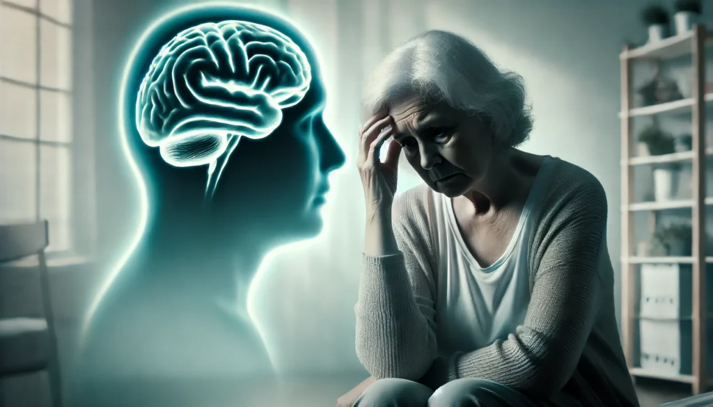 Elderly person sitting alone in a dim room with a shadowy overlay of a fading brain, capturing emotional signs of a deteriorating brain.