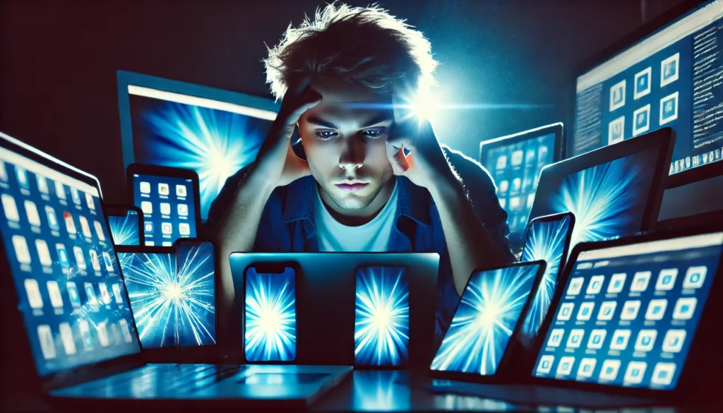 Tech-fatigued young adult surrounded by devices representing memory disruption from digital dependency