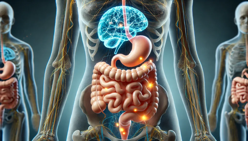 Gut-brain axis visual showing nerve connection from digestive system to brain, symbolizing brain fog after eating food