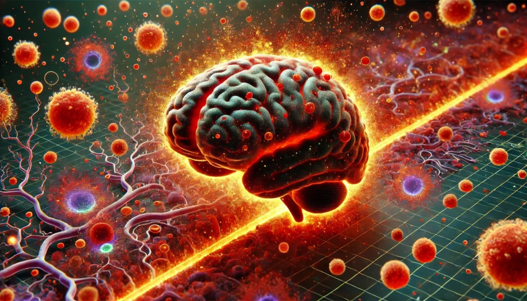 Inflammatory molecules visually crossing into brain environment, symbolizing inflammation-driven brain fog after eating food