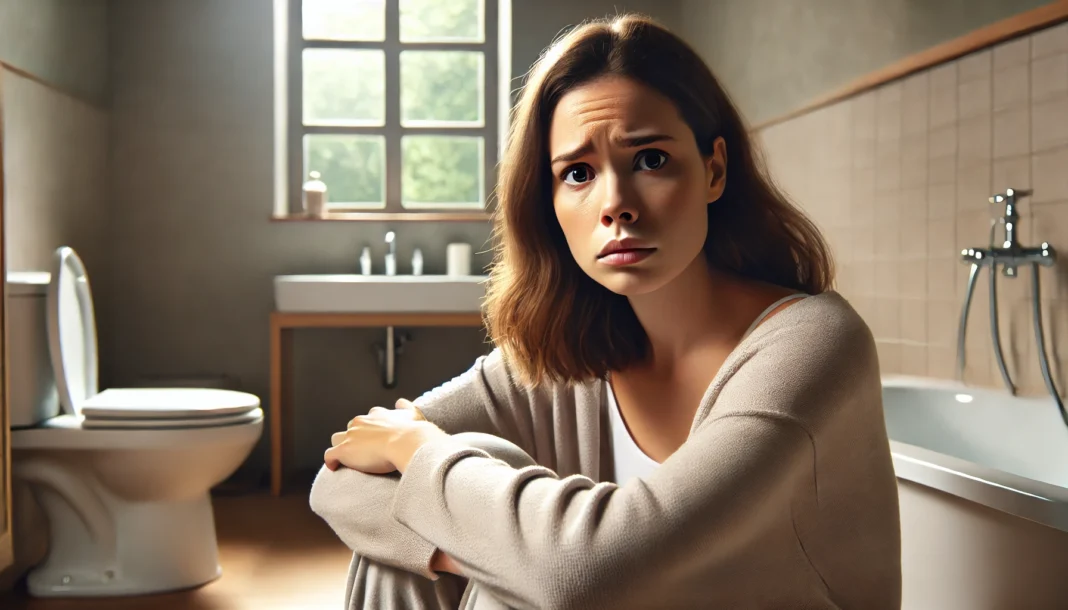 Adult looking worried in bathroom, visually representing the focus keyword why is my butt leaking