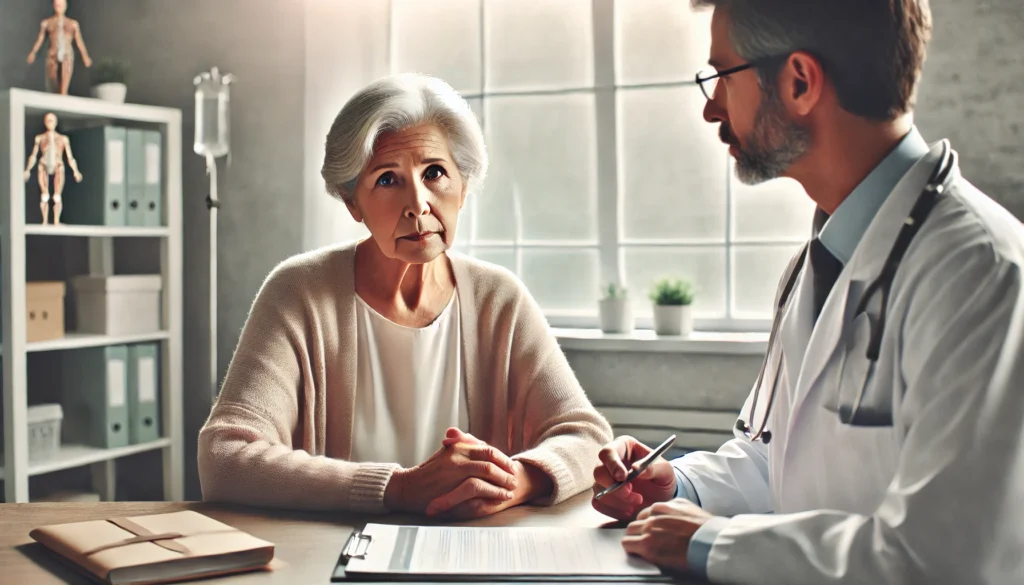 Doctor showing colon model to patient to explain causes of why is my butt leaking