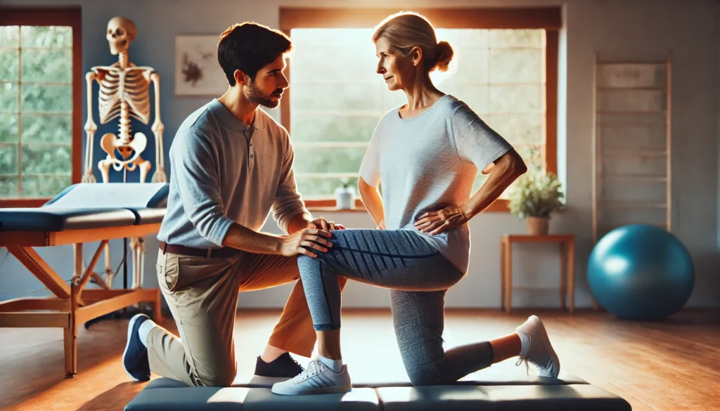 Elderly person with caregiver in doctor’s office discussing why is my butt leaking