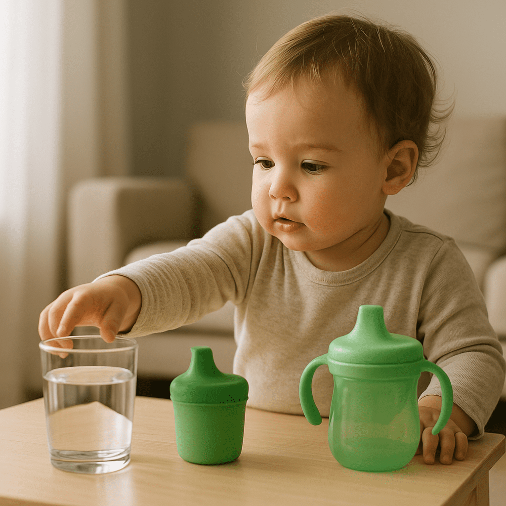Toddler reaching for a glass of water beside a sippy cup, illustrating the question are sippy cups bad for hydration habits.