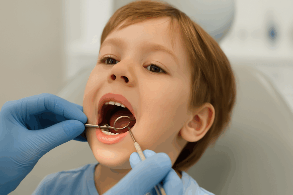 Pediatric dentist examining a relaxed child’s baby teeth during a checkup, illustrating concerns tied to are sippy cups bad for dental health.