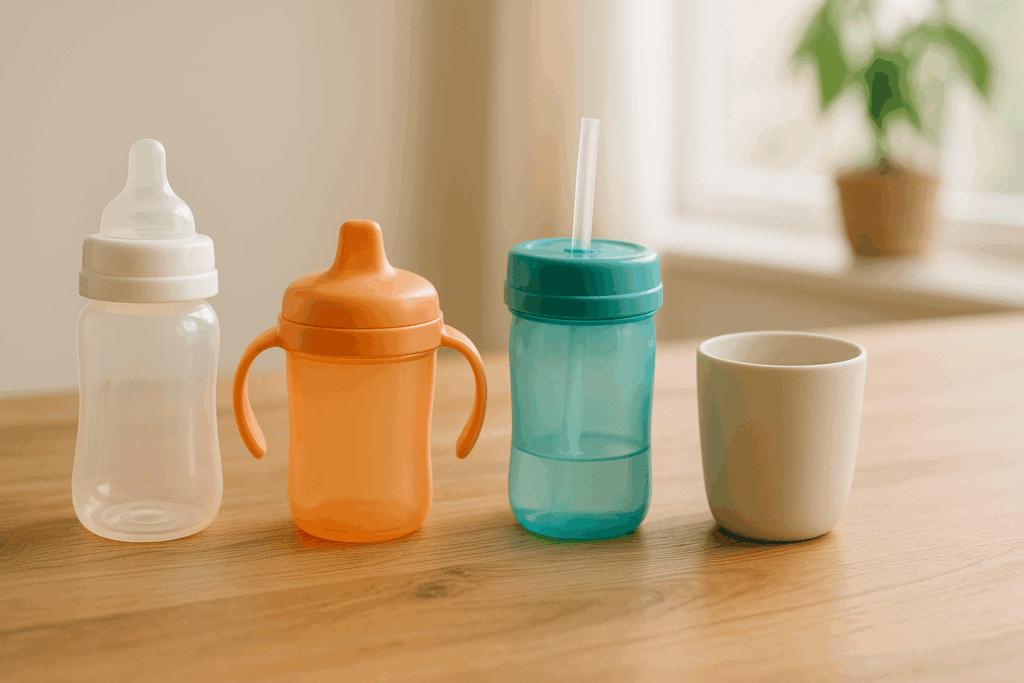 Chronological lineup of toddler drinkware showing baby bottle, sippy cup, straw cup, and open cup on a table, exploring the question are sippy cups bad in modern parenting.