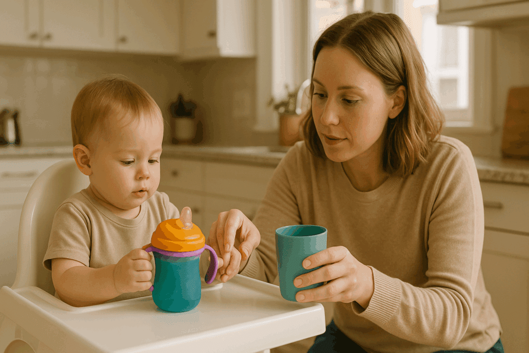 Toddler in a high chair holding a colorful sippy cup while a caregiver offers an open cup, illustrating a feeding transition and raising the question: are sippy cups bad