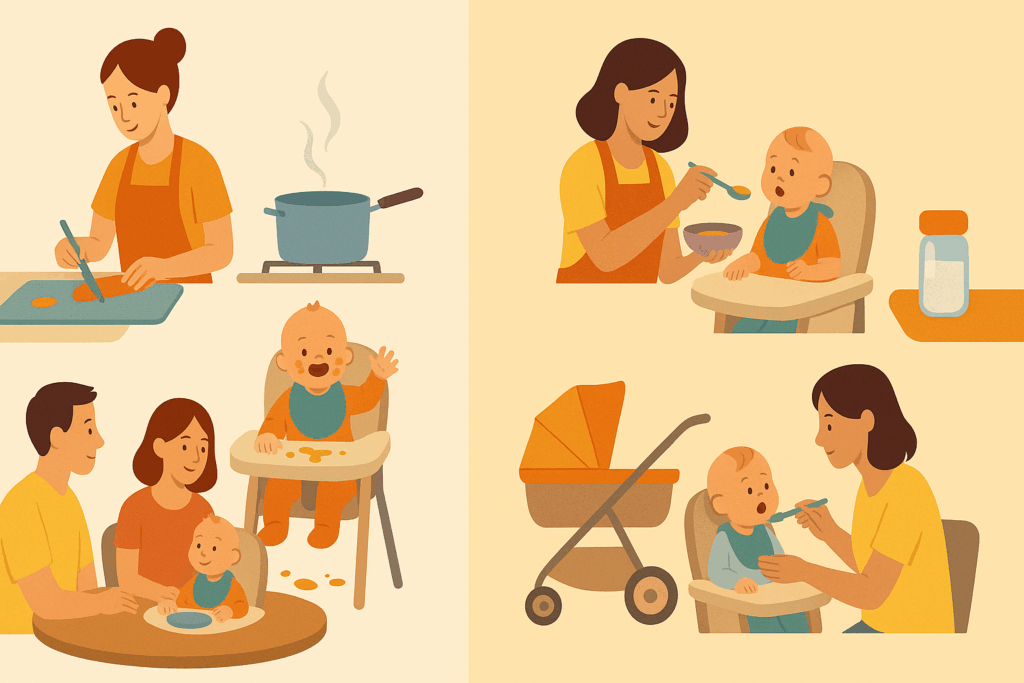 Infographic illustrating caregiving differences in blw vs puree with scenes of meal prep, feeding, cleanup, and family mealtime routines