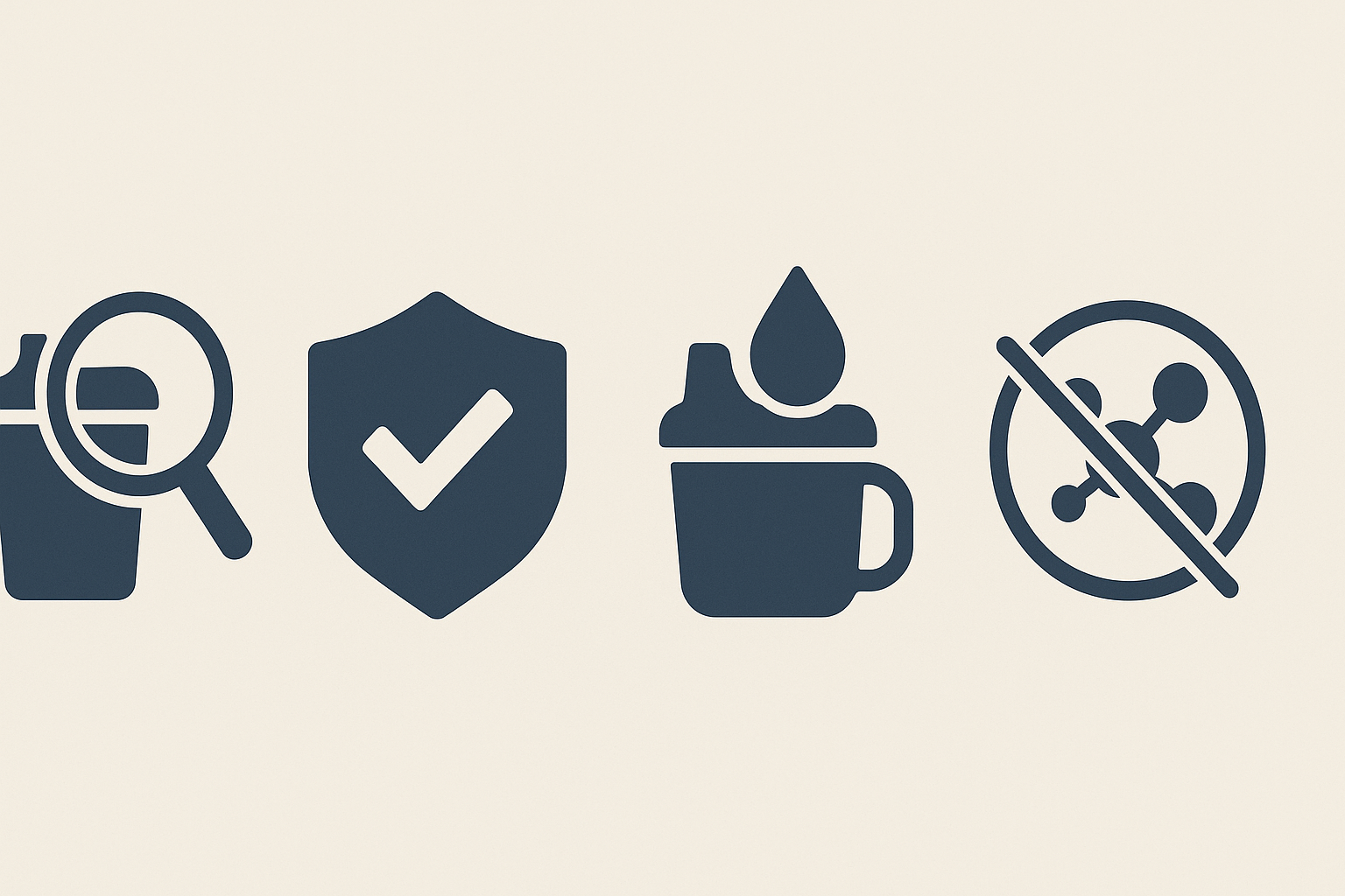 Icons illustrating plastic free sippy cup safety features including inspection, certification, leak-proof design, and chemical-free materials