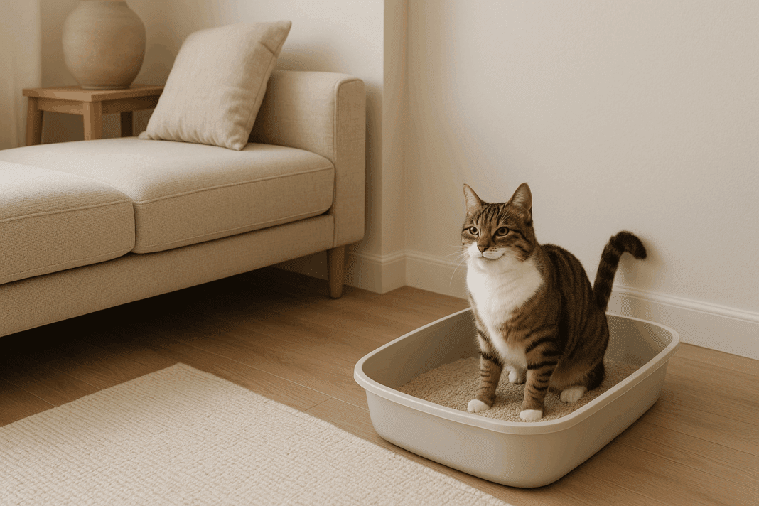 A calm, clean living room with a relaxed cat confidently using an uncovered litter box filled with natural, unscented litter in a quiet corner, addressing litter box aversion.