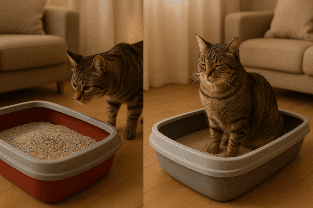 Side-by-side comparison showing a common cause of litter box aversion: a cat cautiously sniffing a dusty, heavily scented, colorful litter box on the left, contrasted with a relaxed, content cat comfortably using a clean, dust-free, unscented litter box on the right, in a cozy, softly lit home setting.