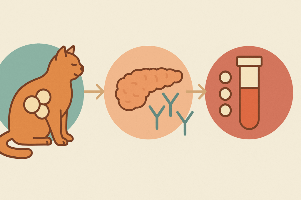Infographic illustrating the progression from cat obesity to diabetes, showing an overweight cat, insulin resistance in the pancreas, and elevated blood sugar levels, emphasizing the health risks of excess weight in cats.
