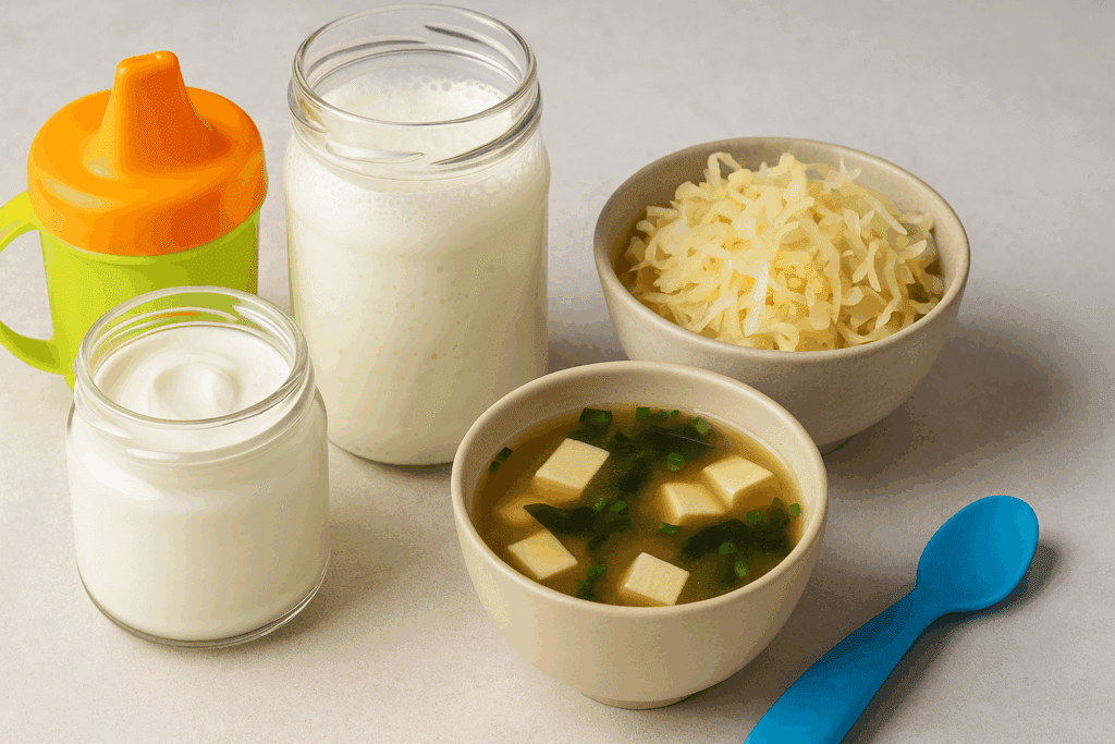 Probiotic-rich foods like yogurt, kefir, miso soup, and sauerkraut arranged on a clean table, showcasing healthy options for supporting kids immunity vitamins