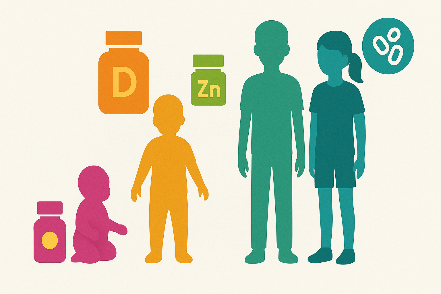 Infographic showing silhouettes of baby, toddler, child, and teen with nutrient icons illustrating age-based kids immunity vitamins needs