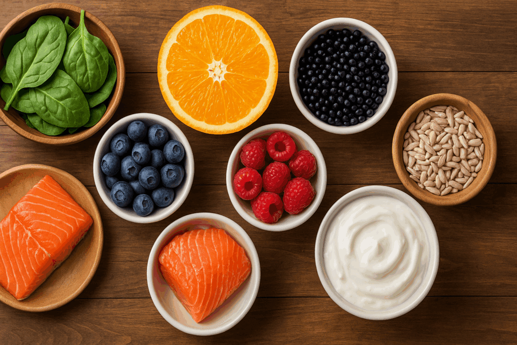 Fresh foods rich in nutrients used in kids immunity vitamins, including oranges, berries, salmon, yogurt, spinach, sunflower seeds, and elderberries on a wooden table.