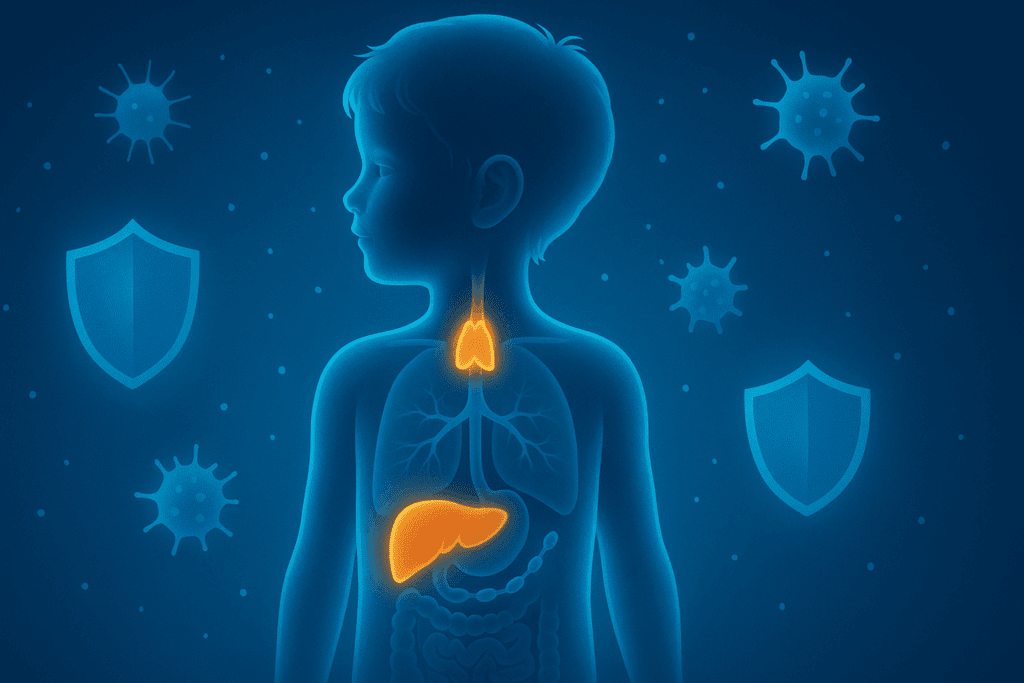 Illustration of a glowing child’s body highlighting immune organs like thymus and bone marrow, symbolizing how kids immunity vitamins support immune system development.