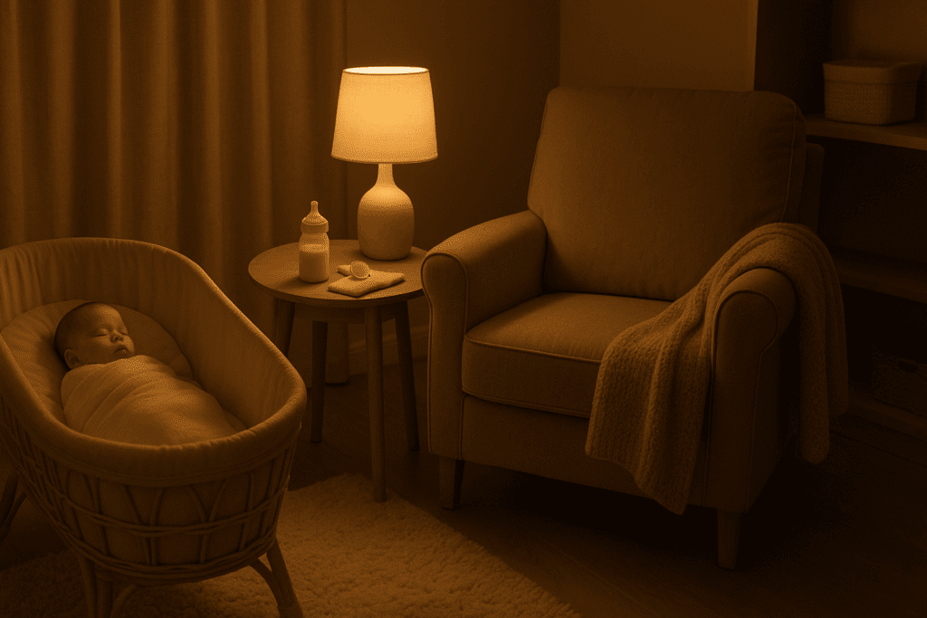Peaceful nursery with a swaddled baby sleeping in a bassinet beside a cozy chair, illustrating newborn cluster feeding at night.