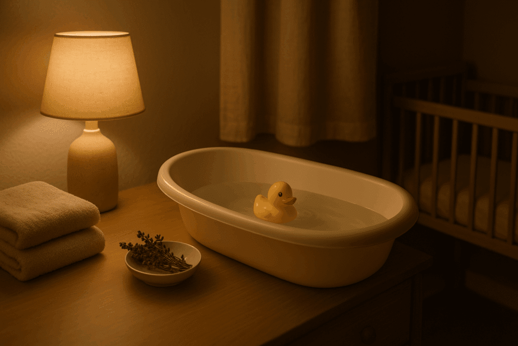 Warmly lit baby bath setup with towels, lavender, and rubber duck, evoking calm moments before newborn cluster feeding at night