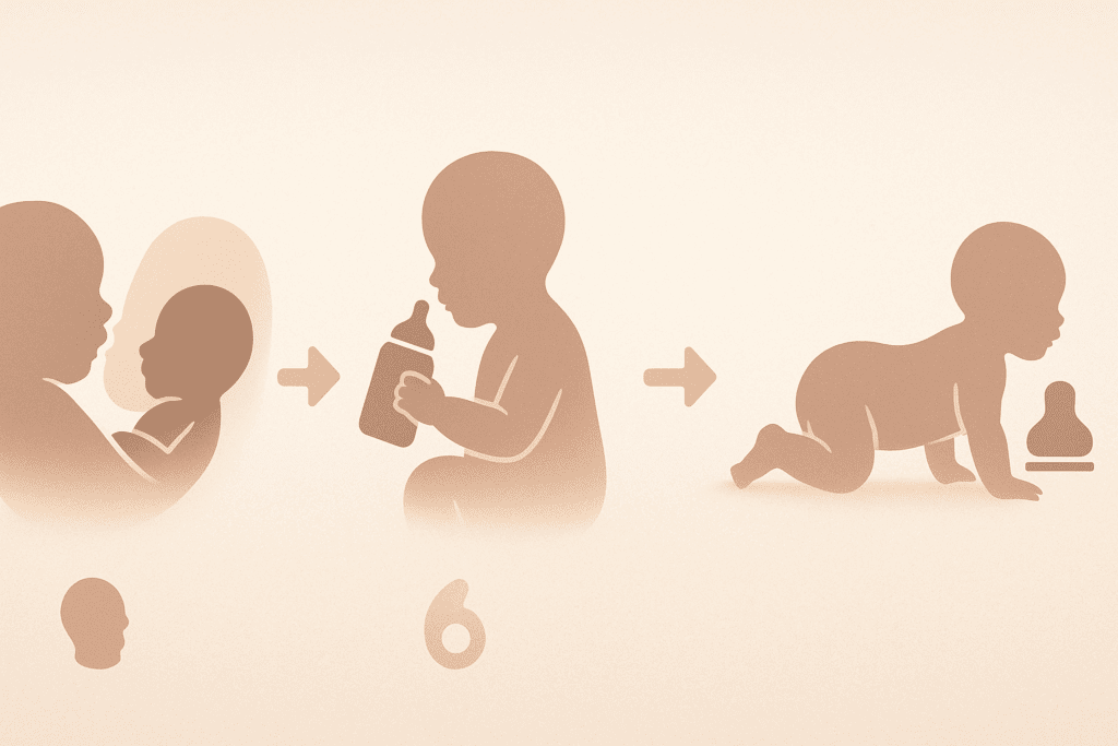 Timeline infographic showing newborn cluster feeding at night across 3-week, 6-week, and 3-month developmental milestones with baby silhouettes and feeding icons