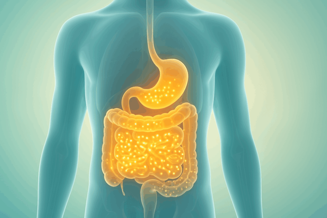 Scientific illustration of a translucent human torso with glowing intestines showing how long does a probiotic stay in your system