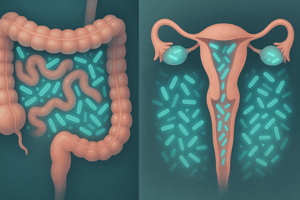 Split-view illustration showing Lactobacillus acidophilus activity in the small intestine and vaginal microbiome, highlighting dual benefits relevant to how long does a probiotic stay in your system