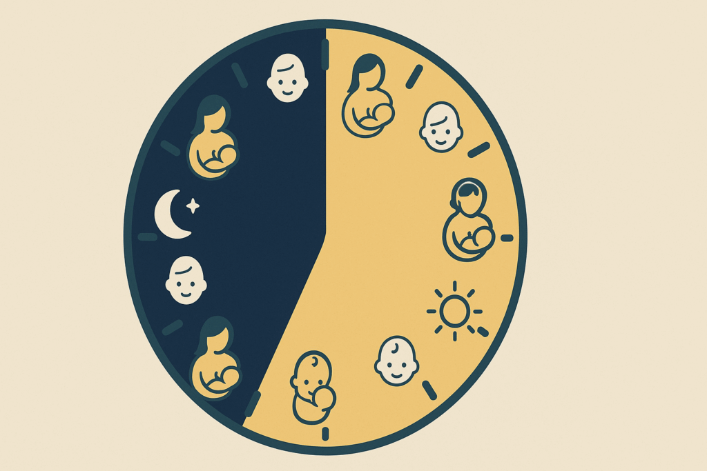 24-hour clock-style infographic showing day and night breastfeeding schedule to illustrate how long should a newborn nurse