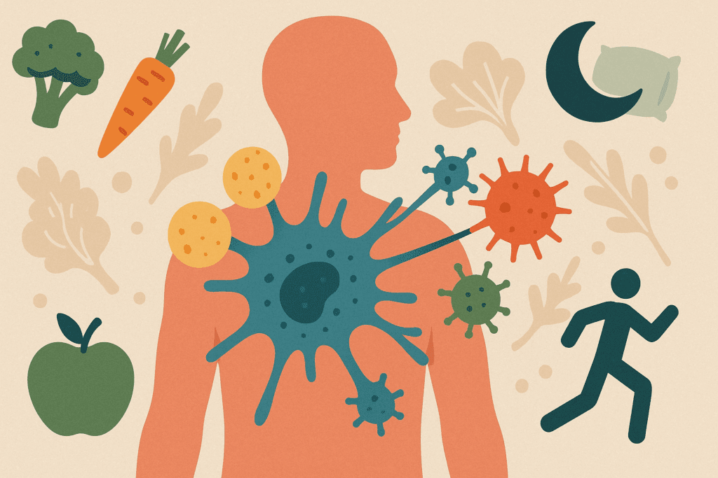 Illustration of the human immune system with immune cells interacting with pathogens, surrounded by symbols of healthy foods like vegetables and fruits, and lifestyle icons representing sleep and exercise. This image visually conveys how lifestyle choices support immune health, promoting the benefits of immune support gummies for a stronger immune system