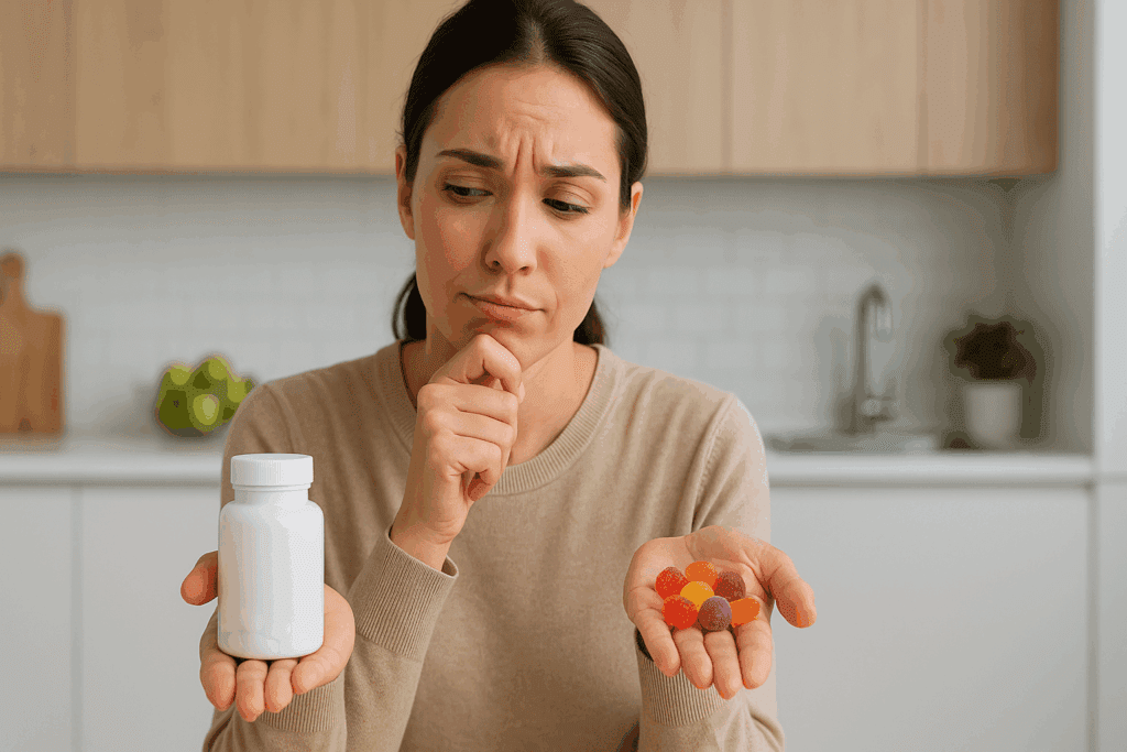 A woman in a modern kitchen holding a bottle of pills in one hand and colorful immune support gummies in the other, contemplating her supplement choice.