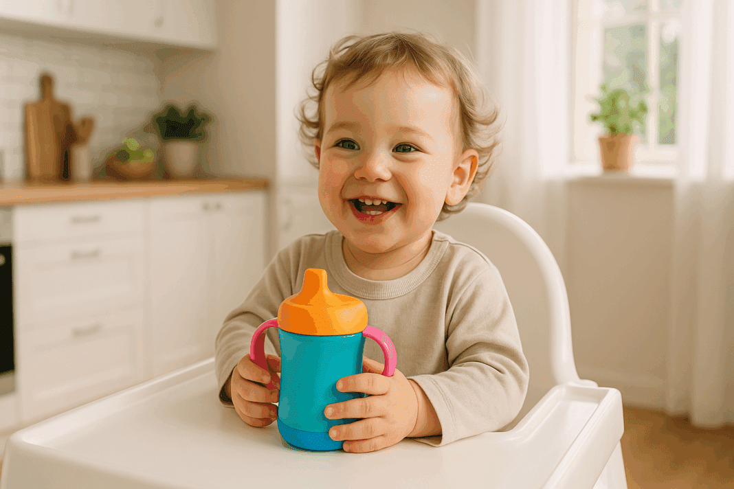 Smiling toddler holding a colorful spill-proof kiddie cup in a bright kitchen, seated at a highchair promoting healthy hydration