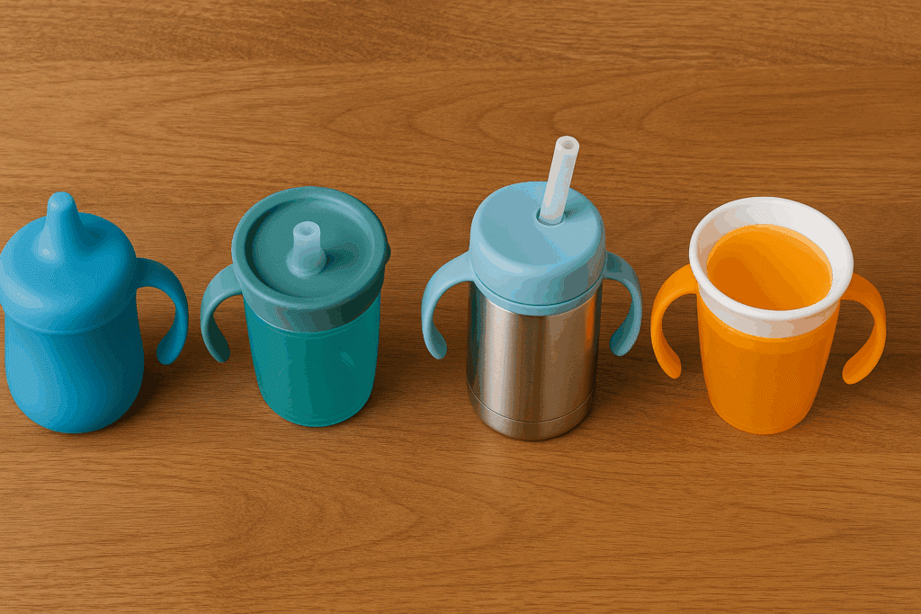 Overhead view of four ergonomic kiddie cups with varied spouts, handles, and materials on a wooden table