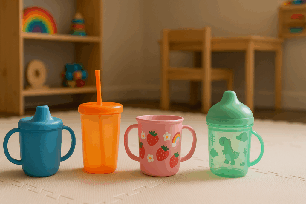 Colorful kiddie cups arranged neatly on a soft playroom floor, showcasing variety in design and child-friendly appeal.