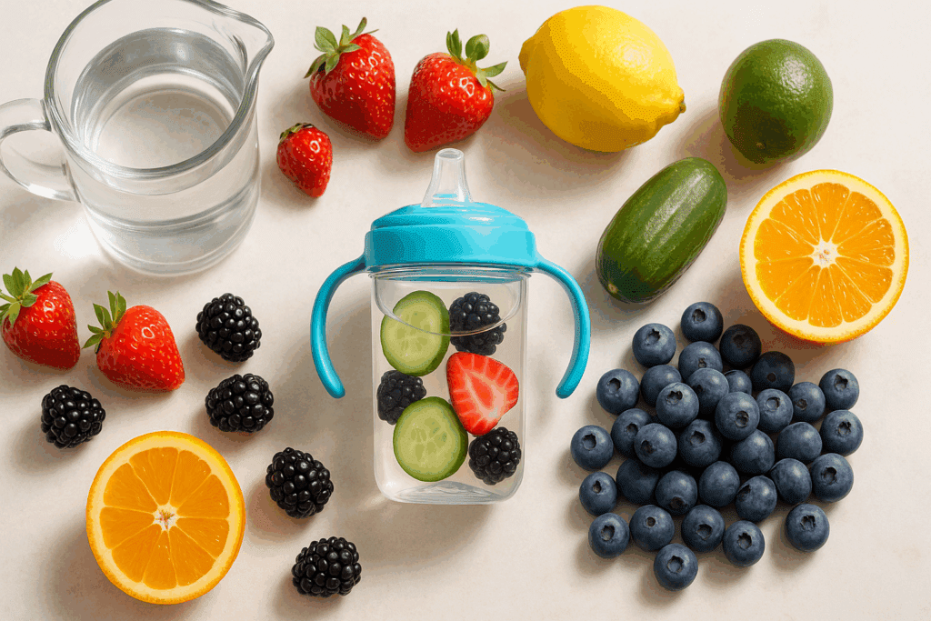 Transparent kiddie cup filled with cucumber and berry slices, surrounded by fresh fruits and a water pitcher on a light background.