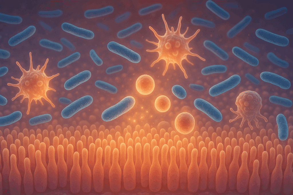 Microscopic view of the gut lining showing probiotics for immunity interacting with immune cells to support barrier integrity