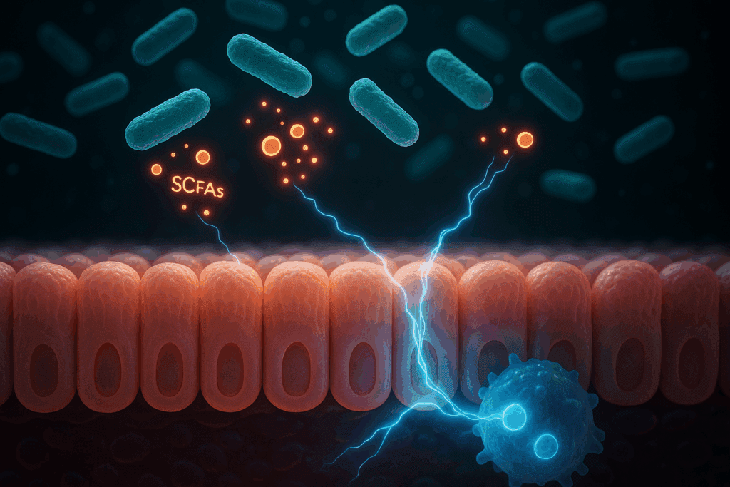 3D medical illustration showing how probiotics for immunity release SCFAs near gut epithelial cells, activating immune signaling pathways.