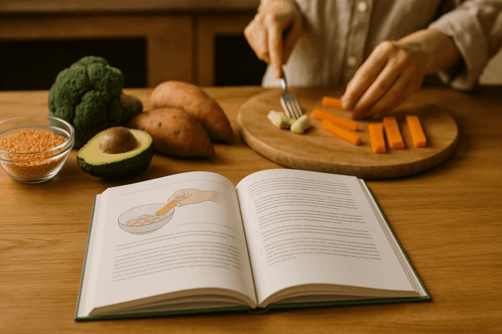 Open baby led weaning book on a wooden kitchen counter beside fresh lentils, broccoli, sweet potatoes, and avocado, with hands preparing soft foods in the background.