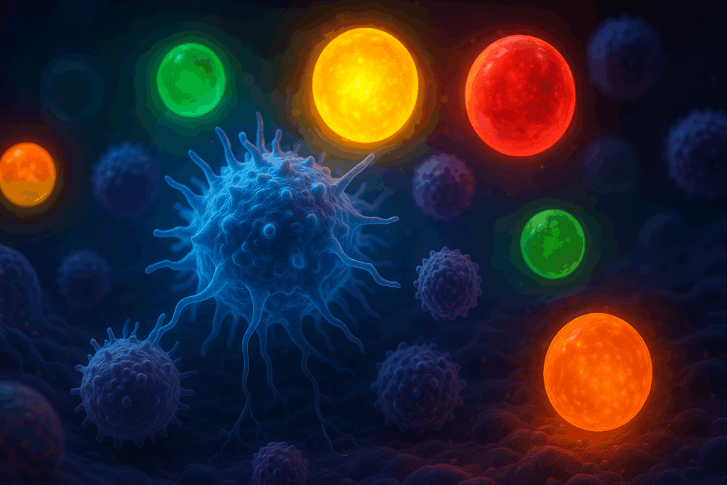 Colorful glowing micronutrients surrounding immune cells inside the human body, illustrating benefits of an all in one anti inflammatory supplement