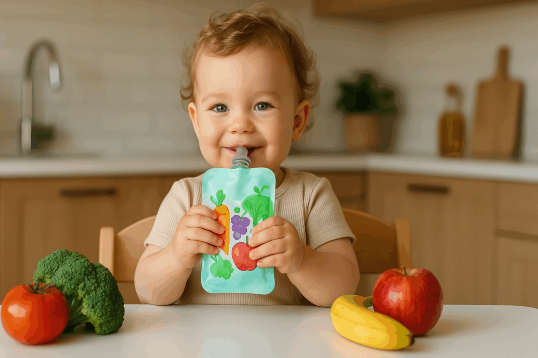 Cheerful toddler sipping from a colorful hydration pouch in a modern kitchen, showcasing the best pouches for toddlers.
