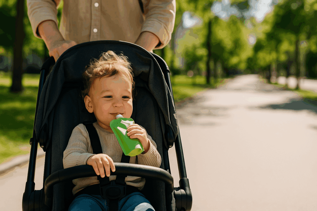 Toddler sipping from one of the best pouches for toddlers while riding in a stroller through a sunny park