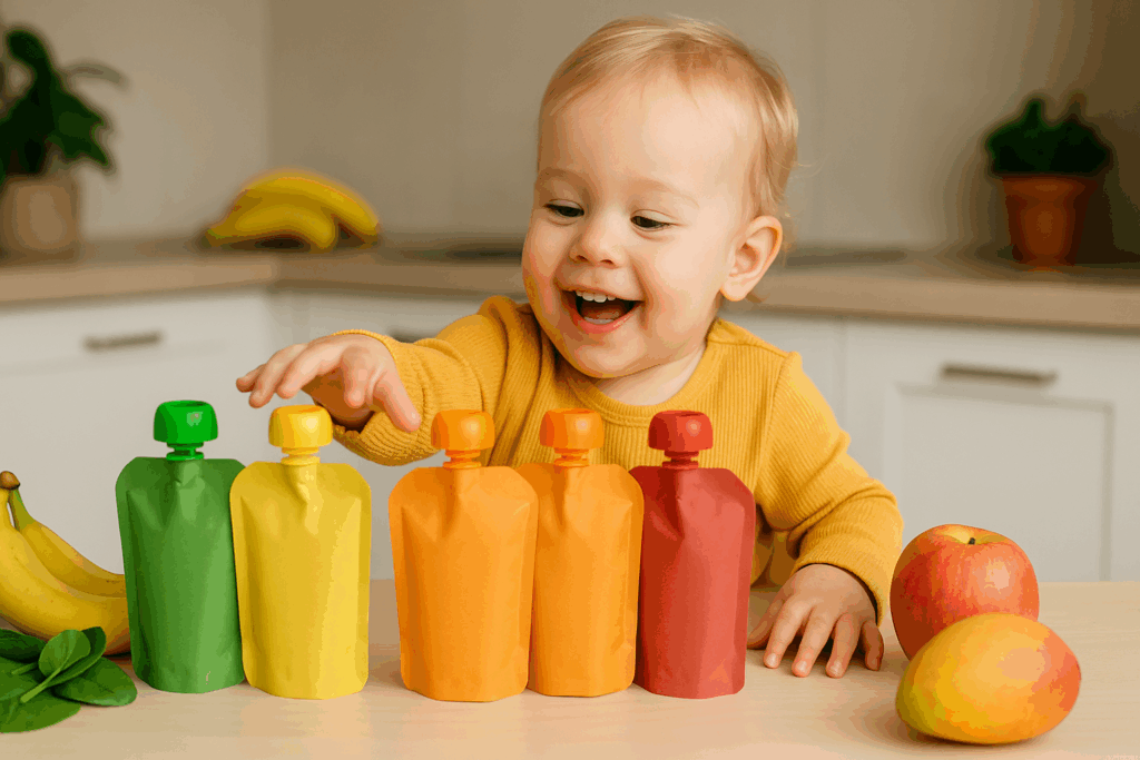 Happy toddler reaching for the best pouches for toddlers on a kitchen table, surrounded by fresh fruits like apples, bananas, and mangoes.