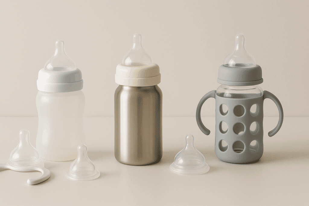 Comparison of BPA-free plastic, stainless steel, and glass toddler milk bottle options with nipples and ergonomic handles on a neutral background