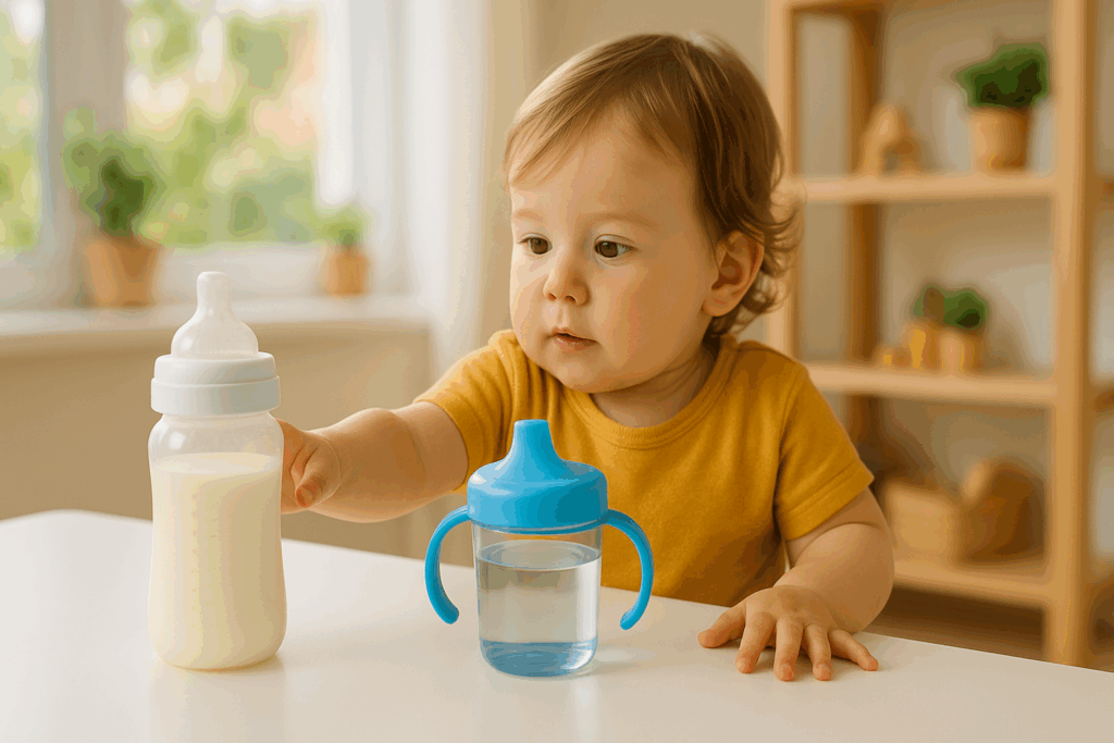 Toddler reaching for a toddler milk bottle beside a water cup in a sunny kitchen setting.