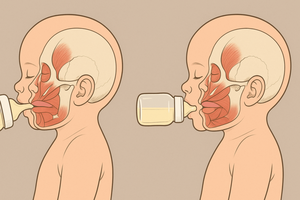 Side-by-side anatomical diagram showing facial muscle use in a toddler drinking from an orthodontic vs. standard toddler milk bottle