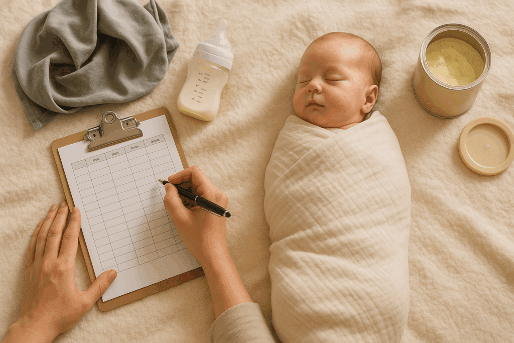 Caregiver filling out an infant feeding log on a clipboard beside a swaddled newborn with baby bottle, formula, and breastfeeding cover nearby.