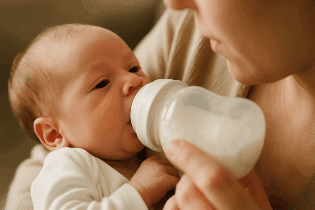 Close-up of a newborn baby being bottle-fed in a caregiver’s arms, illustrating the emotional bond and importance of tracking feedings in an infant feeding log