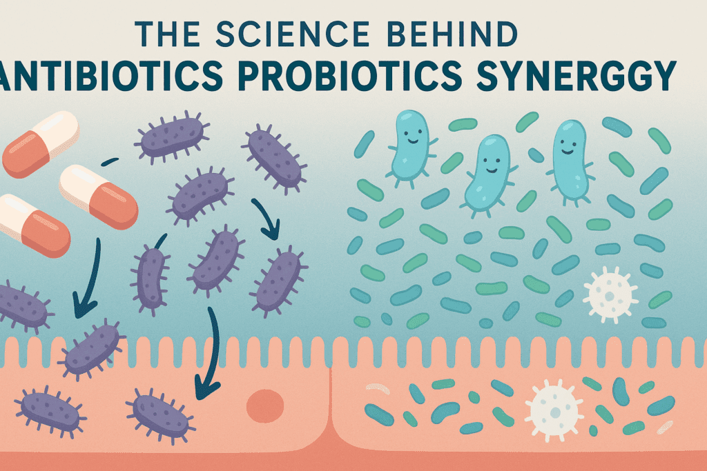 Infographic illustrating the biological interaction between antibiotics and probiotics in the gut, showing how the best probiotic for antibiotics helps restore gut health by reinforcing the gut lining and promoting beneficial microbes
