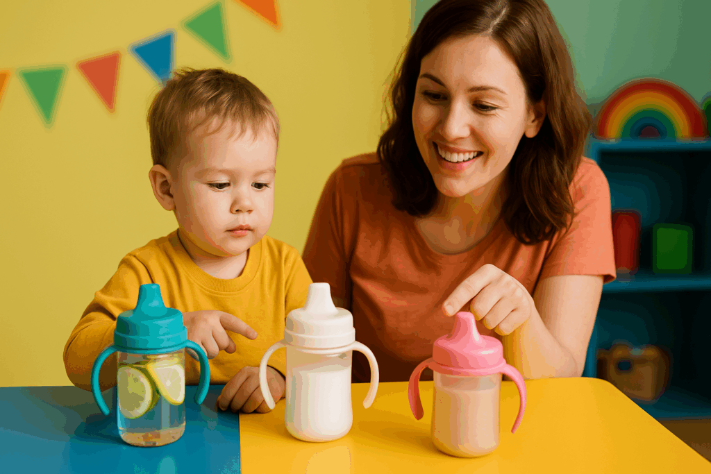 Smiling caregiver helps toddler choose a healthy drink from a bottle like sippy cup filled with infused water, milk, and smoothie.