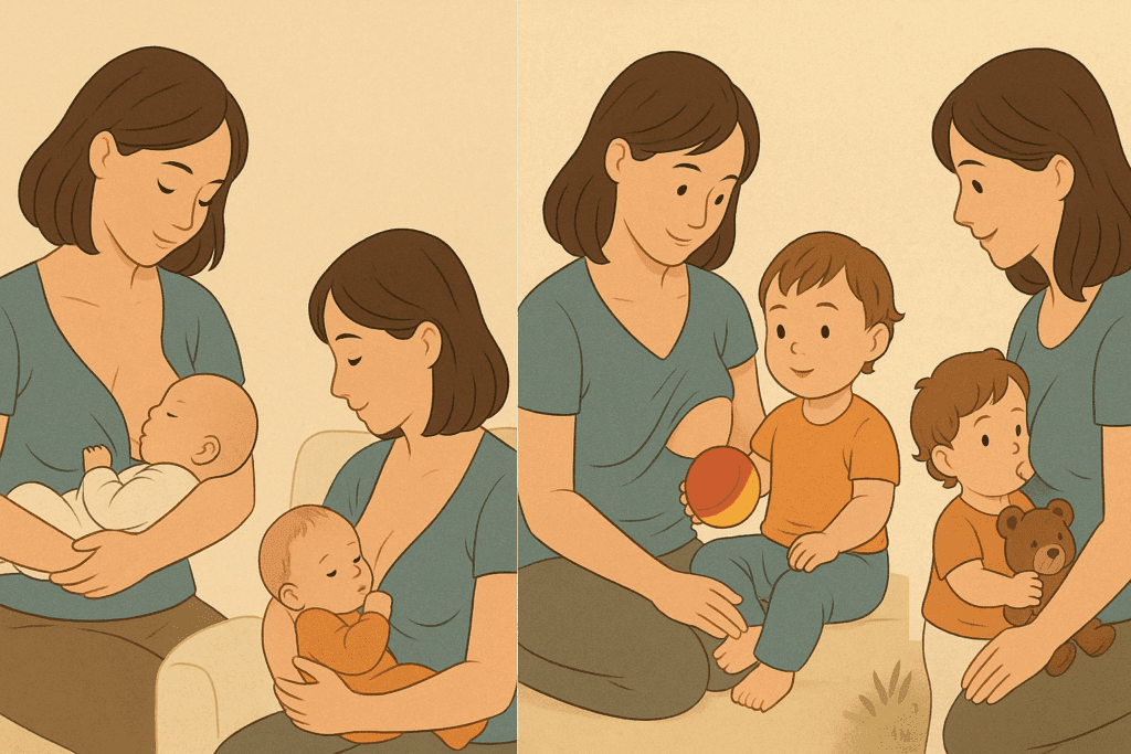 Visual timeline of how long should infants breastfeed, showing a baby growing from newborn to toddler through breastfeeding stages.