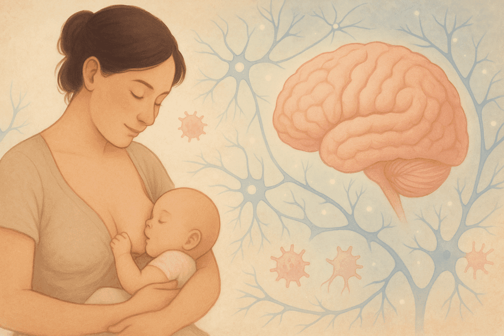 Mother breastfeeding infant with abstract visualization of brain growth, neurons, and immune cells, symbolizing how long should infants breastfeed benefits.