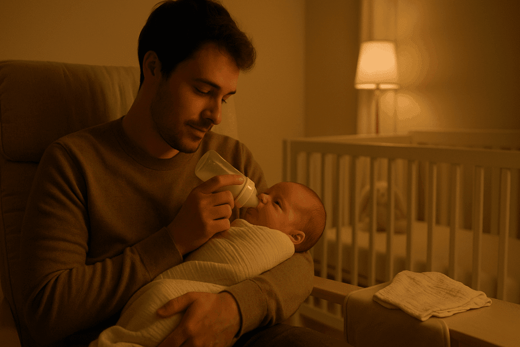Parent gently bottle feeding a swaddled baby in a cozy nursery, showing how to bottle feed a newborn with care and eye contact.