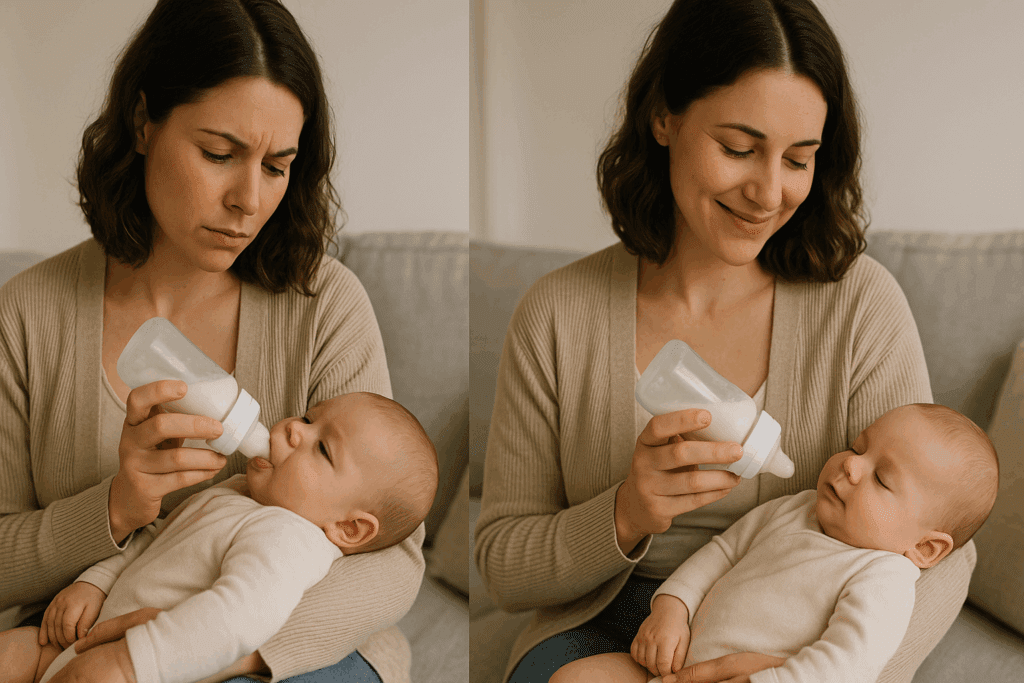 Side-by-side comparison showing how to bottle feed a newborn with proper responsive feeding versus overfeeding due to misread baby cues.